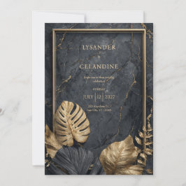 Convite Mármore Preto Monstera Tropical Moderno Casamento