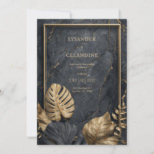 Convite Mármore Preto Monstera Tropical Moderno Casamento