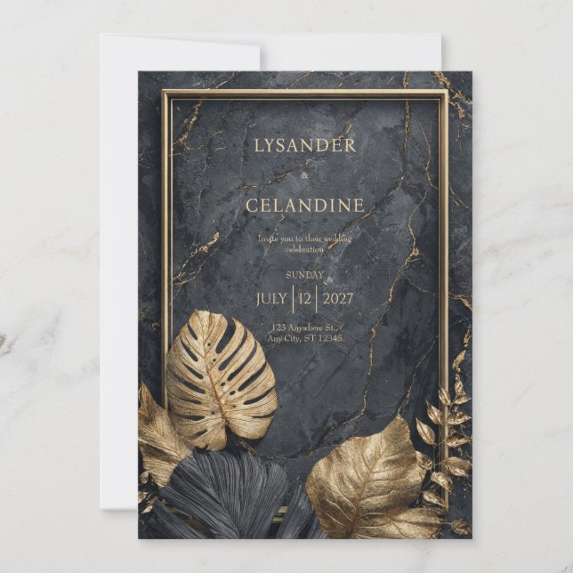 Convite Mármore Preto Monstera Tropical Moderno Casamento  (Frente)
