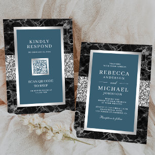 Convite Mármore Preto Poeira Prateada Azul Código QR Casam