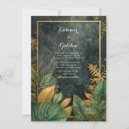 Convite Mármore Preto Tropical Verde Esmeralda Casamento M