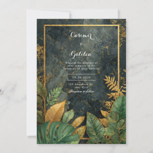 Convite Mármore Preto Tropical Verde Esmeralda Casamento M