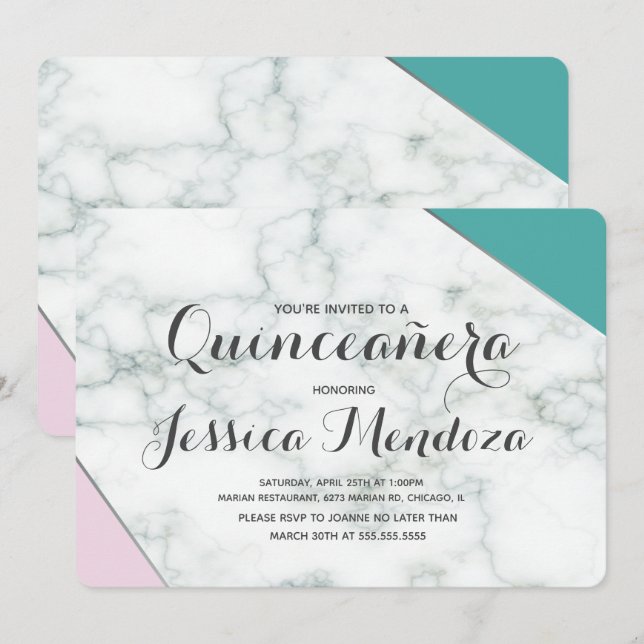 Convite Mármore Rosa Moderno Quinceañera Doce 15 (Frente/Verso)