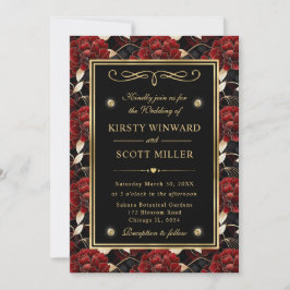 Convite Mármore Vermelho Preto e Dourado Casamento Floral