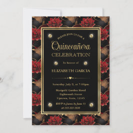 Convite Mármore Vermelho Preto e Dourado Floral Quinceaner