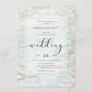 Convite Mármores Modernos em Mint com Bodas de Ouro Rosa