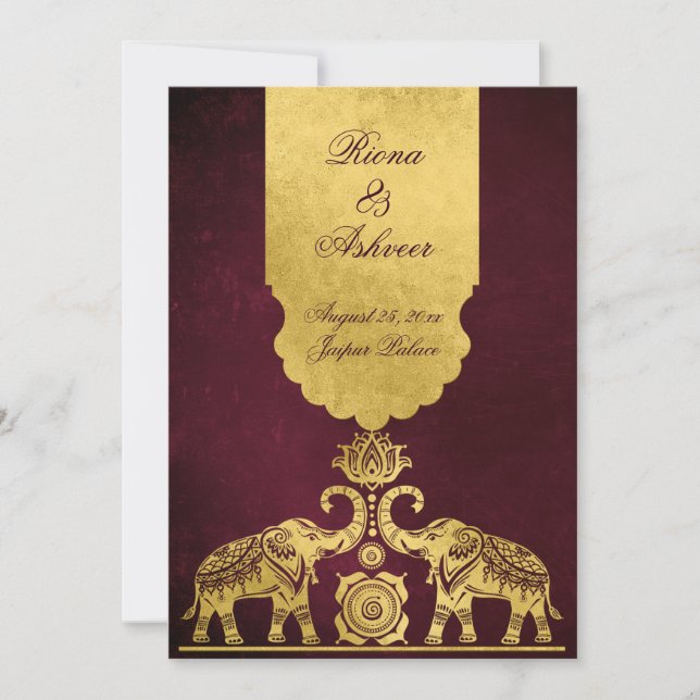 Convite Maroon and gold elephants luxury Indian wedding  (Frente)