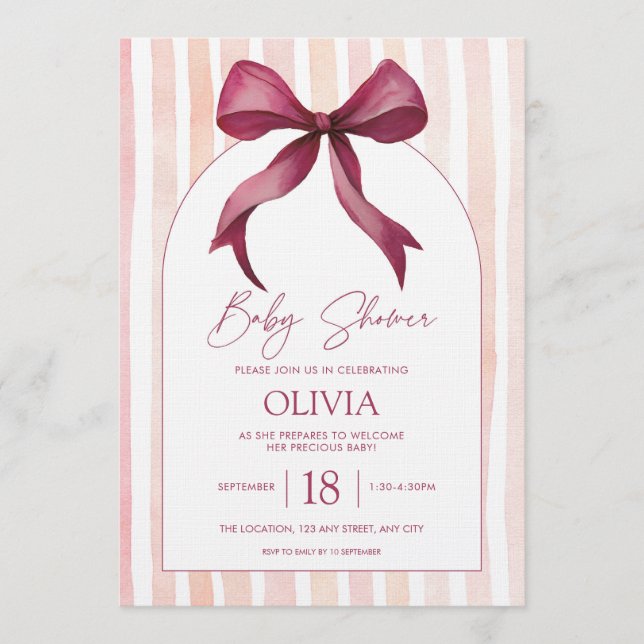 Convite Maroon and Pink Bow Watercolor Baby Shower (Frente)