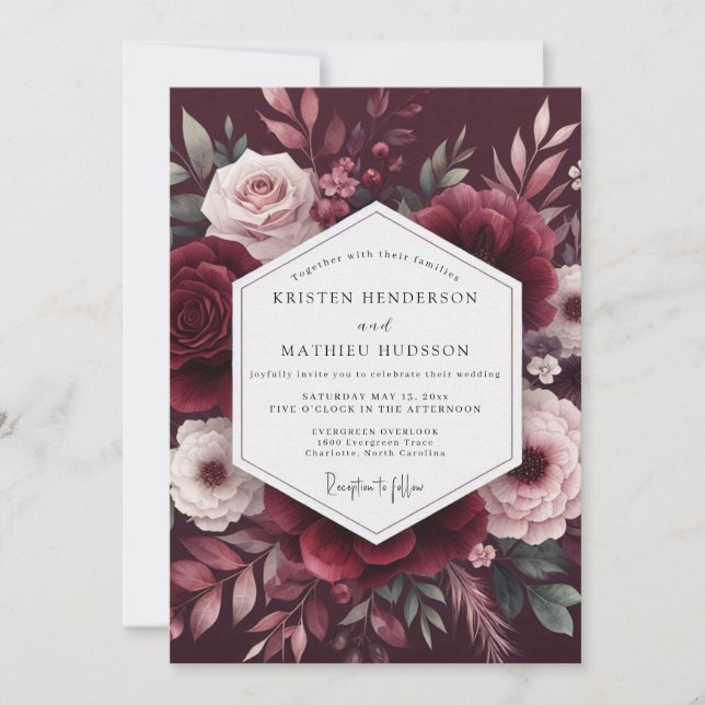 Convite Maroon Bloom Romance Wedding (Frente)