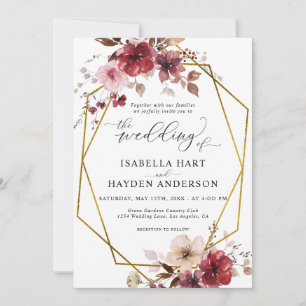 Convite Maroon Blush Beige Floral Velho Casamento Dourado