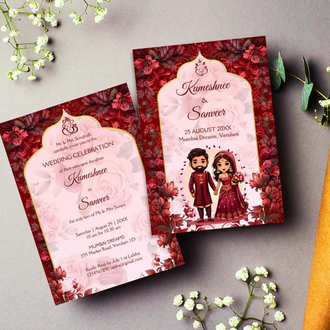 Convite Maroon, bonitinha de casal de noiva indiana (Indian wedding Maroon floral cute Indian bridal couple cartoon Invitation template instant download)