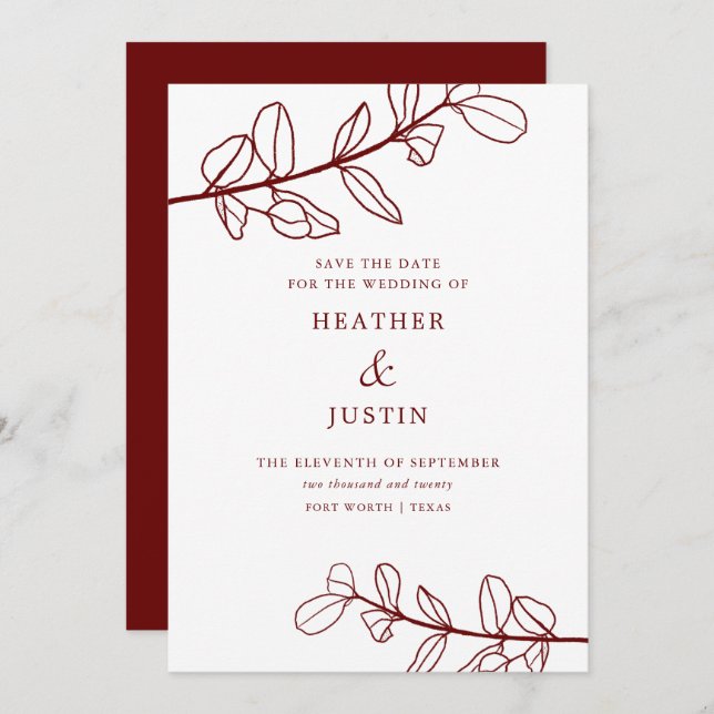 Convite Maroon Burgundy Foliage Modern Salve a Data (Frente/Verso)