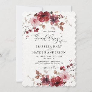 Convite Maroon Dusty Rosa Floral All In 1 QR Code Casament