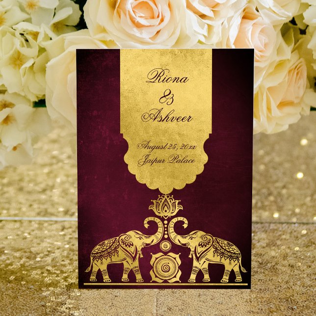 Convite Maroon e elefantes de ouro casamento indiano luxuo (Criador carregado)