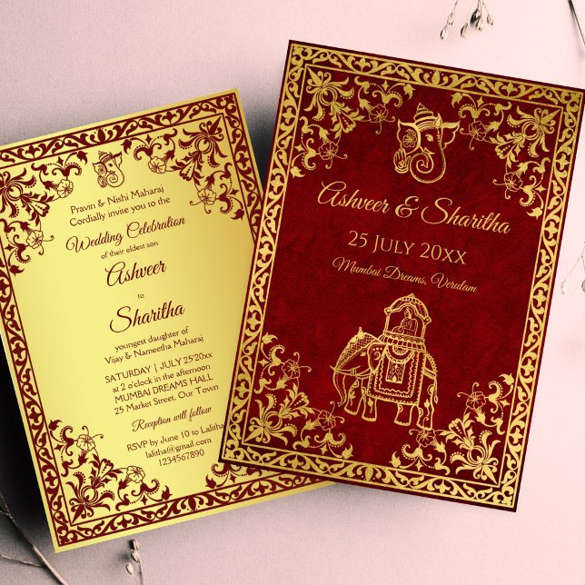 Convite Maroon e noivos de elefantes de casamento indianos (Maroon and gold Indian wedding elephant luxury grooms wedding Invitation template instant download)