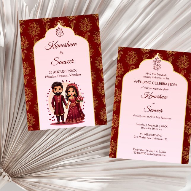 Convite Maroon e ouro, bonitinho, desenhos de casal de noi (Maroon and gold cute Indian bridal couple cartoon Invitation template instant download Hindu wedding)