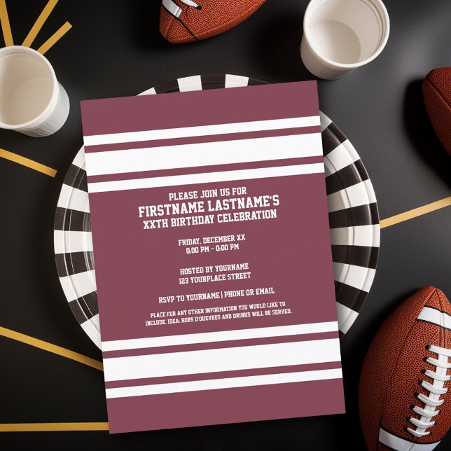 Convite Maroon e White Jersey Stripes Festa de aniversário (Birthday Party Invitation - Sports Theme - Football Party Invitation)