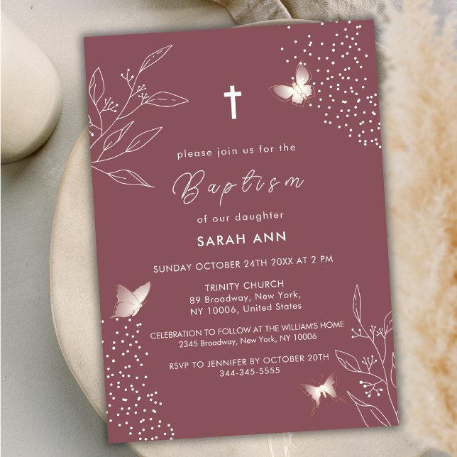 Convite Maroon Elegant Deixa Borboleta Atravessar Batismo (Maroon Elegant Leave Butterfly Cross Baptism Invitation)