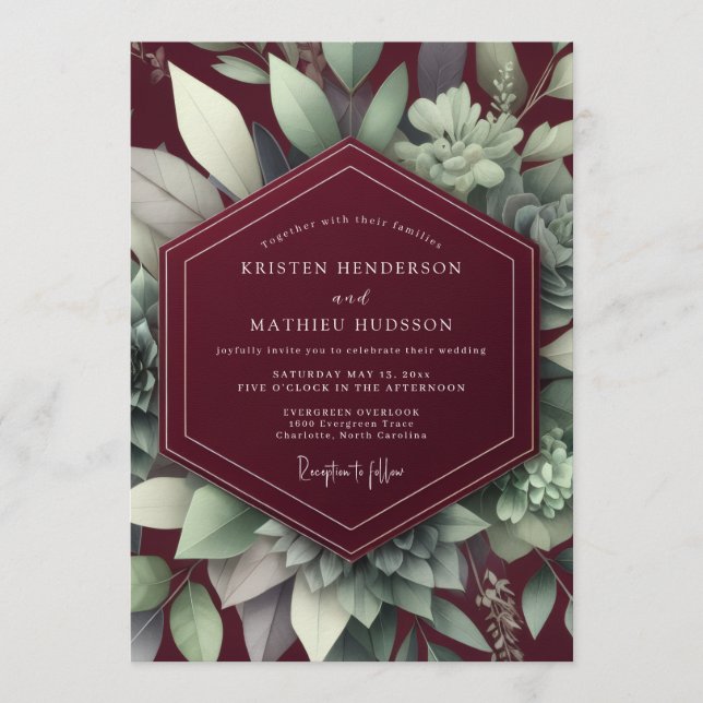 Convite Maroon Elegant Succulent Wedding (Frente)