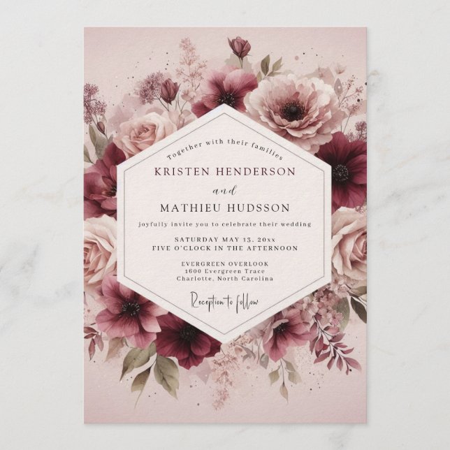 Convite Maroon Ethereal Bloom Wedding (Frente)