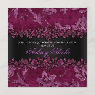 Convite Maroon Faux Glitter & Velvet Quinceanera