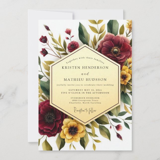 Convite Maroon Floral Autumn Romance Wedding (Frente)