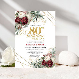 Convite Maroon Floral Greenery Gold 80th Birthday