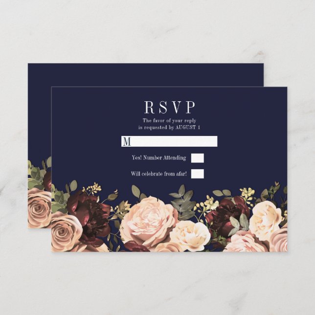 Convite Maroon Floral Greenery Marinho Azul RSVP Casamento (Frente/Verso)