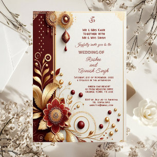 Convite Maroon Floral Motifs Indiana, Ornamentado Dourado
