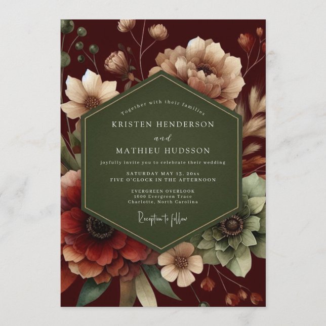 Convite Maroon Forest Bloom Wedding (Frente)