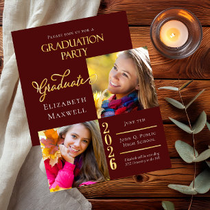 Convite Maroon Gold Photo Graduation Announcement   Party