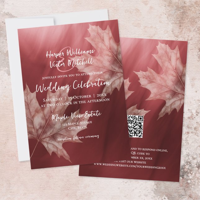 Convite maroon maple deixa sotaque em um só (front & back views - fall wedding maroon with maple leaves accent)