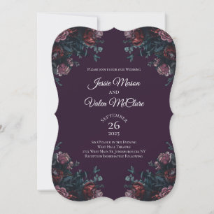 Convite Maroon Mauve, Casamento Elegante Floral Roxo Escur