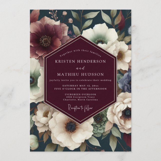 Convite Maroon Midnight Floral Wedding (Frente)