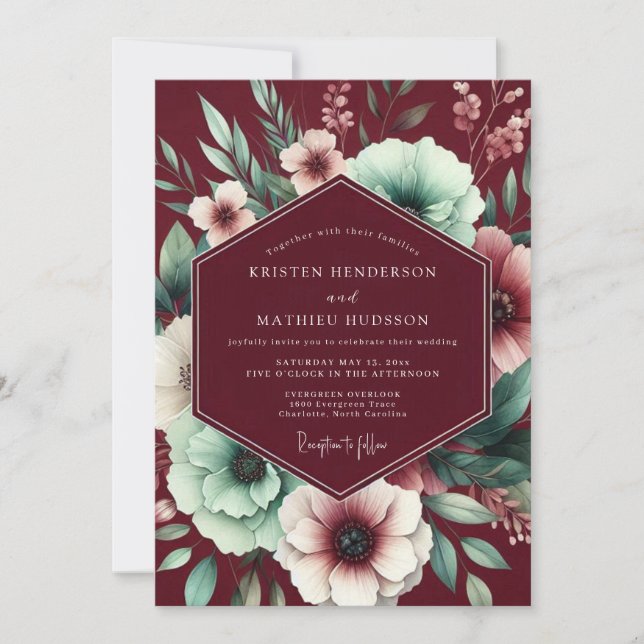 Convite Maroon Mint Poetic Bloom Wedding (Frente)