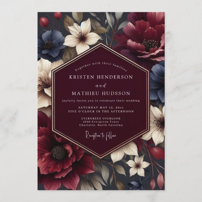 Convite Maroon Nocturnal Bloom Wedding (Frente)