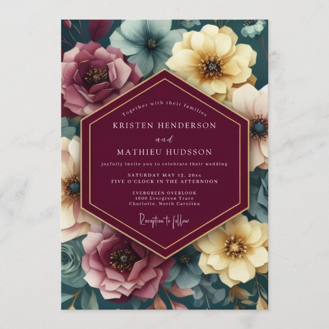 Convite Maroon Painterly Floral Wedding (Frente)