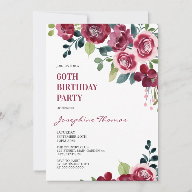 Convite Maroon Pink Rose Floral Greenery Birthday (Frente)