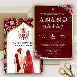 Convite Maroon Red Typografia Anand Karaj Sikh Casamento