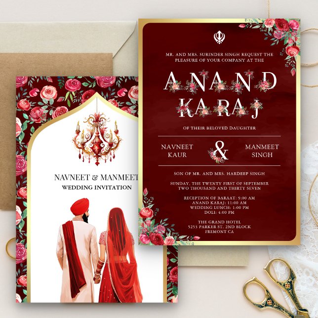 Convite Maroon Red Typografia Anand Karaj Sikh Casamento (Criador carregado)