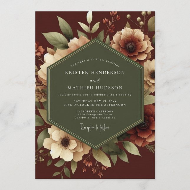 Convite Maroon Romantic Botanical Wedding (Frente)