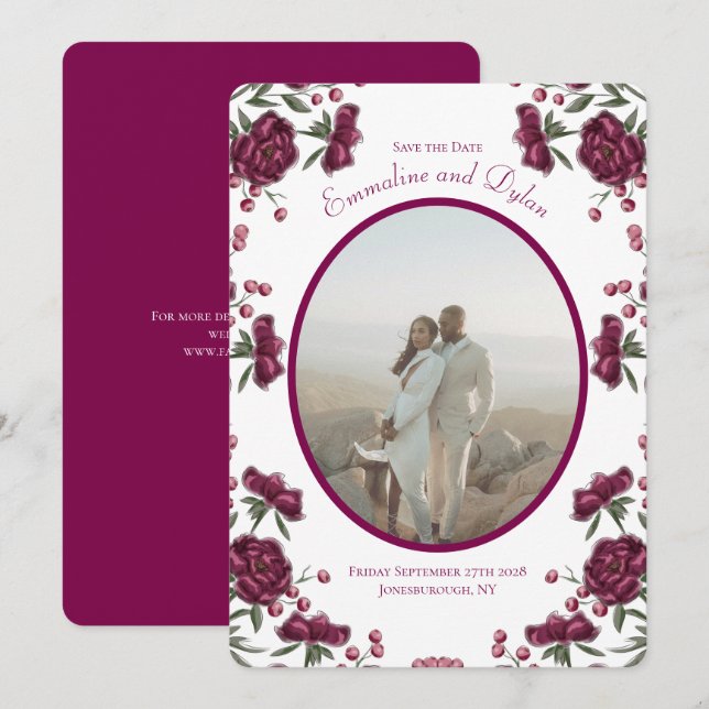 Convite Maroon Rose Casamento Salve a Data (Frente/Verso)