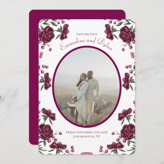 Convite Maroon Rose Wedding Save the Date (Frente/Verso)