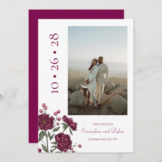Convite Maroon Rose Wedding Save the Date (Frente/Verso)