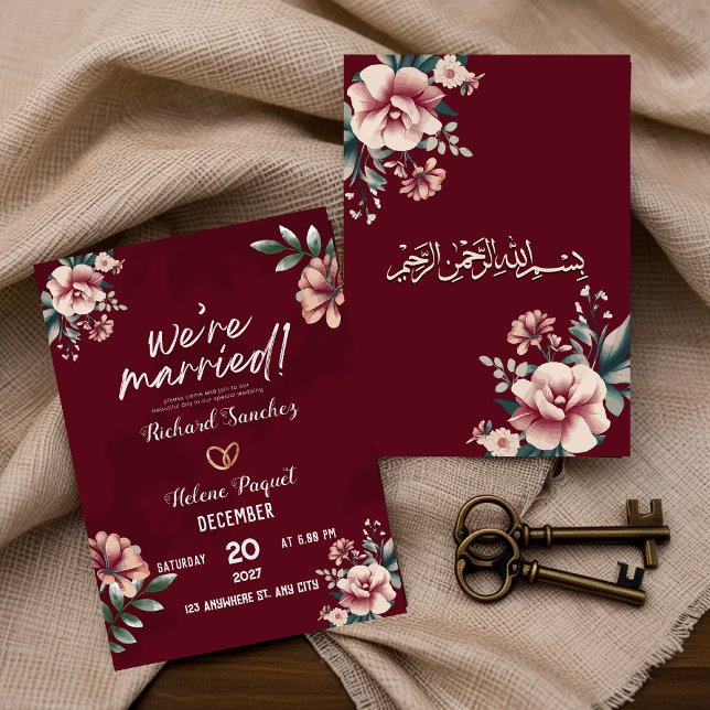 Convite Maroon Rustic Damask Muslim Weditation (Criador carregado)