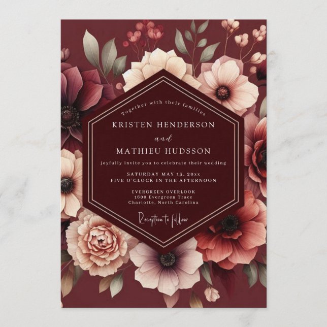 Convite Maroon Somber Bloom Wedding (Frente)