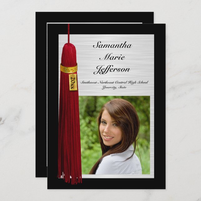 Convite Maroon Tassel com Festa de formatura Fotográfica (Frente/Verso)