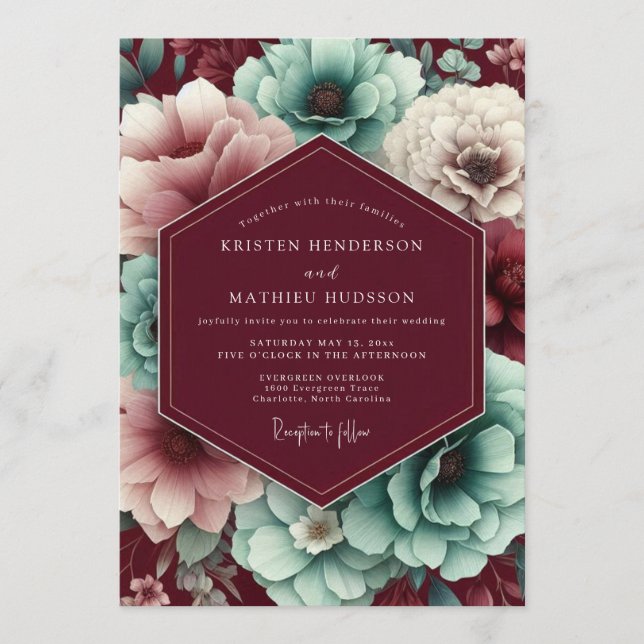 Convite Maroon & Teal Autumnal Bloom Wedding (Frente)
