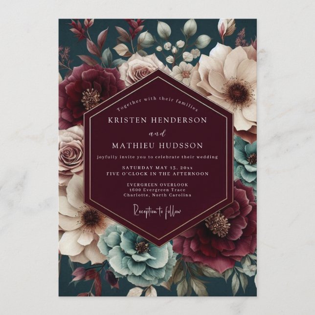 Convite Maroon & Teal Moody Floral Wedding (Frente)