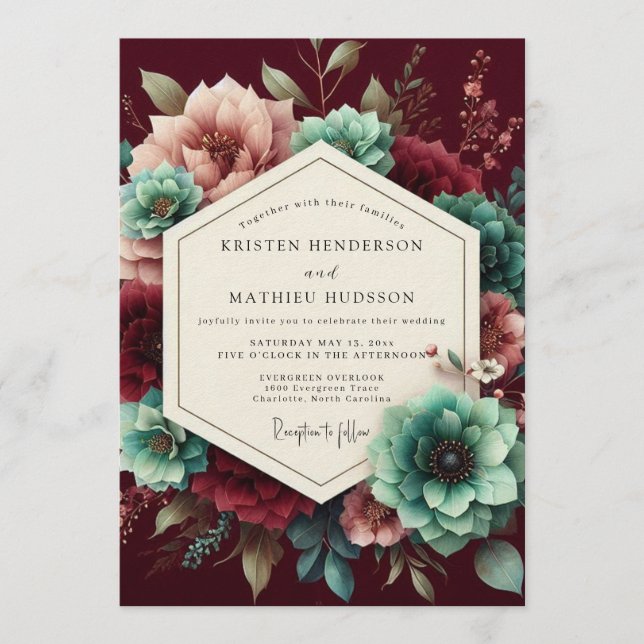 Convite Maroon Teal Opulent Flora Wedding (Frente)